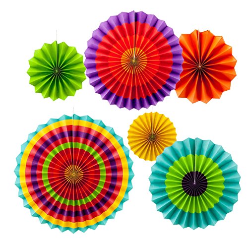 Image of Pop the Party 6Pcs Vibrant Bright Colors Hanging Paper Fans Circular Folded Paper Fan Flower Party Supplies Wedding Background Decoration Window Dressing.