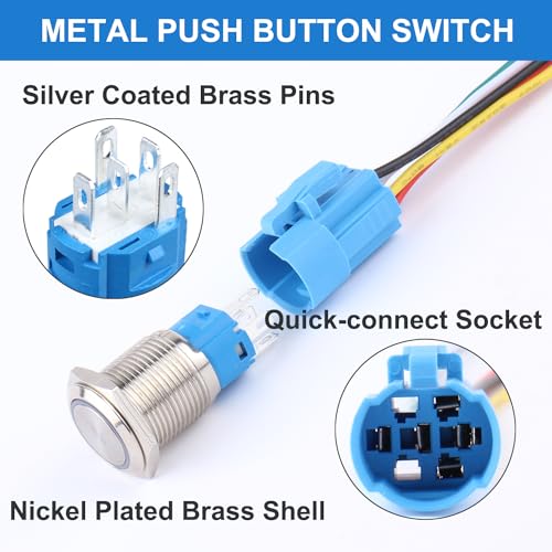 Image of 2pcs 16mm Metal Latching Push Button Switch 12V-24V ON-Off 5Pins 1NO 1NC with Pigtail for 5 /8 inch Mounting Hole Waterproof Silver Shell Halo Ring Red LED Light