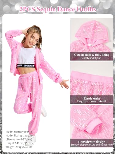 Image of LOLANTA 2Pcs Girls Dance Outfits Cropped Sequin Jacket Pants Set, Kids Hip Hop Dance Costumes for 80s 90s Party 5-15 Years