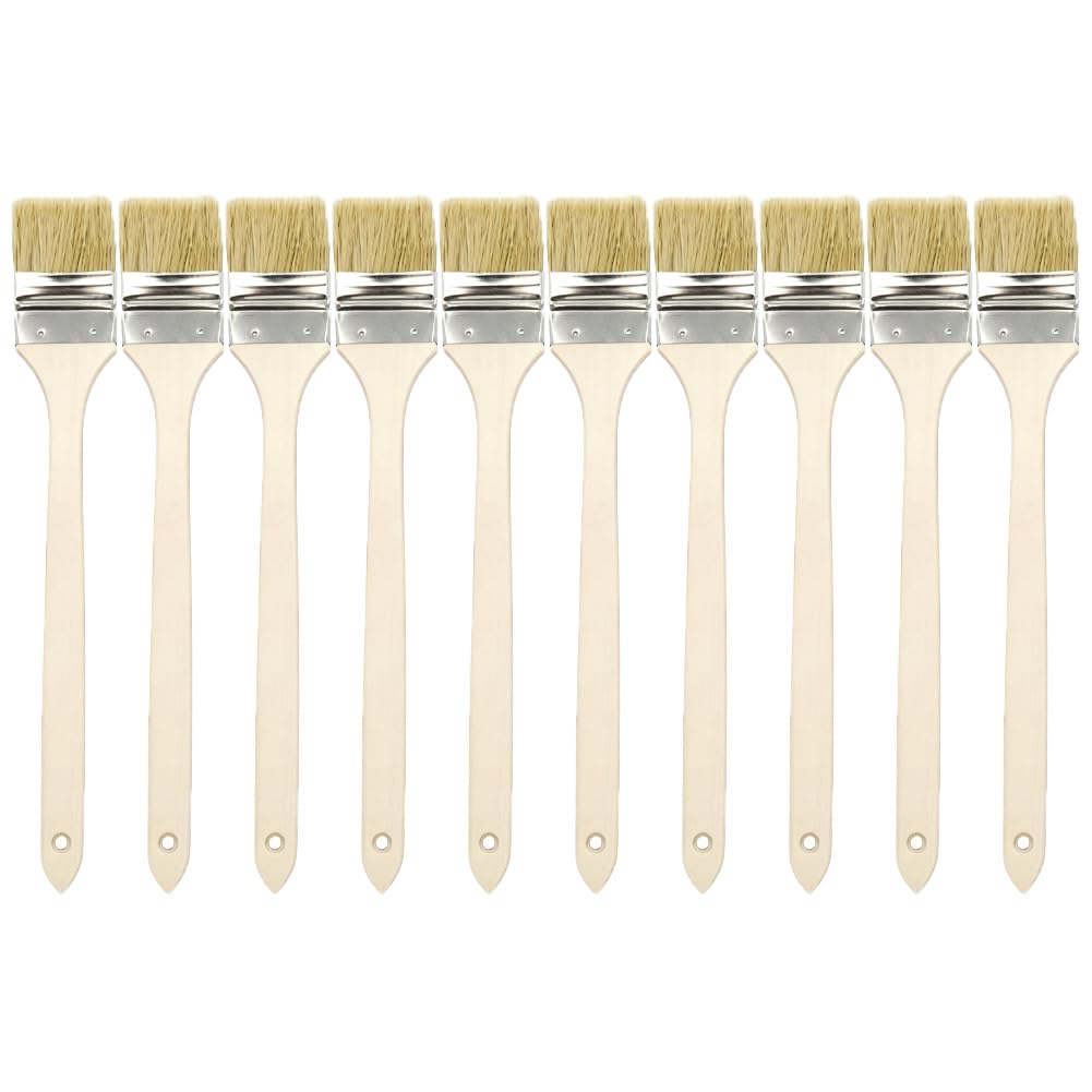 Lot de 10 pinceaux à manche en bois - Brosse à long manche - Pour radiateur, vernis - Pinceau plat - Pinceau à lasure - Pinceau pour façade, coude - Pinceau long pour bois, bricolage, masculin et