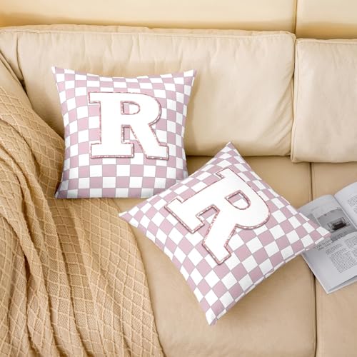 Image of Erosebridal Pink Initial R Throw Pillow Covers 24x24 Set of 2 Kawaii Plaid Checkered Cushion Cover Cute Personalized Monogram Throw Pillow Case for Bed Couch Sofa Fashion Grids Gingham Home Decor