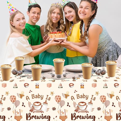 Image of K1tpde Coffee Themed Baby Shower Tablecloths - 3PCS A Baby is Brewing Party Disposable Tablecloths for Kids, Coffee Beans Shower Welcome Baby Decorations Pregnancy Diaper Gender Reveal Party Supplies