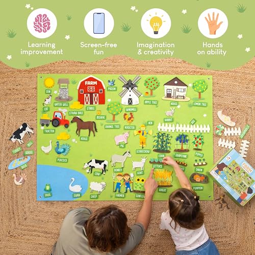 Image of BONNYCO Felt Board for Toddlers with 92 Animal Farm Figures. Montessori and Sensory Toys, Birthday Gifts for Kids 3-8 Years Old. Educational Games, Learning Activities, Christmas | Bilingual Sensory Panel, Montessori Toys, Gifts for Children 3 to 8 Years. Educational Games for Birthday and Christmas