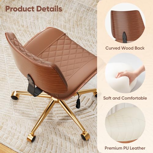 Image of Home Office Desk Chair with Swivel Wheels, Mid-Century Modern PU Leather Armless Office Chair, Small Mid Back Computer Chair for Home Office, Meeting Room