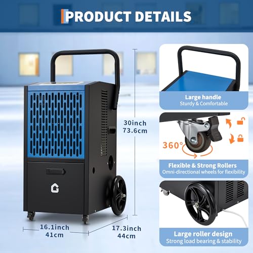 Image of 105 pt Commercial Dehumidifier for Basement, Large Dehumidifier with Drain Hose, Timer and 4 Wheels, Ideal for Flood Repair, Drying Basement, Warehouse and Factory, 110V /60Hz /520W, US Standard