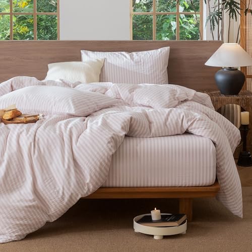 Image of MooMee Striped Duvet Cover Set 100% Washed Cotton Linen Like Twin | Relaxed Linen-like Texture. Soft, Breathable & Long-lasting Comfort. Lightweight. Hidden Zipper with 8 Interior Corner Ties