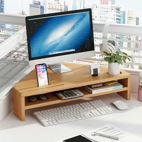 Generisch Soporte para monitor de esquina triangular para oficina, soporte de monitor de esquina de doble capa, de madera, soporte universal para ordenador con almacenamiento, color marrón