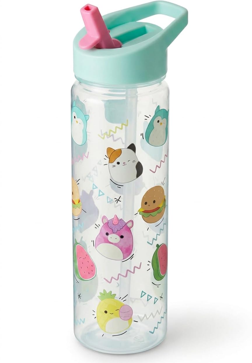 Hox Squishmallows 600ml Kids Water Bottle with Straw, Leak Proof Flip Spout, BPA Free Reusable Drinks Bottle with Carry Loop, Cute Kawaii Character Design for School & Travel