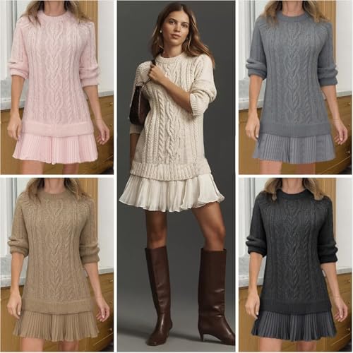 2025 New Women Crewneck Cable Knit Sweater Mini Dress, Long Sleeve Pleated Mini Dress Twofer Style Patchwork Dress3