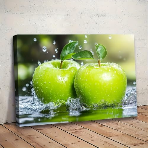 Cuadro de manzana verde con gotas de agua y marco interior de 20x25cm 3