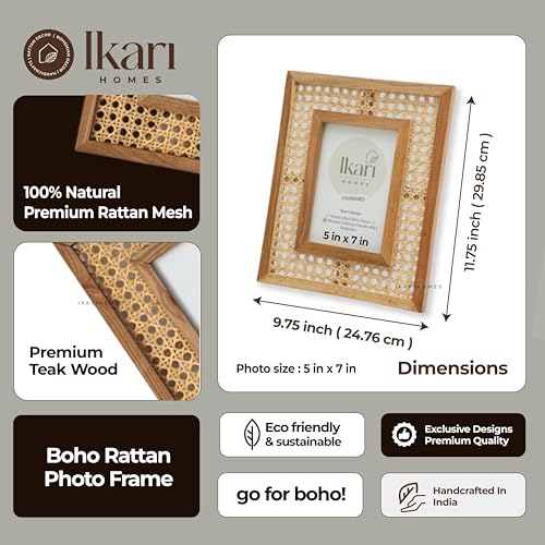 Image of Ikari Homes Premium Teak Wood & Rattan Photo Frame | Handcrafted Boho Woven Cane Picture Frame for Tabletop & Wall Hanging | Natural Rustic Home Decor for Living Room Bedroom (Brown Finish)