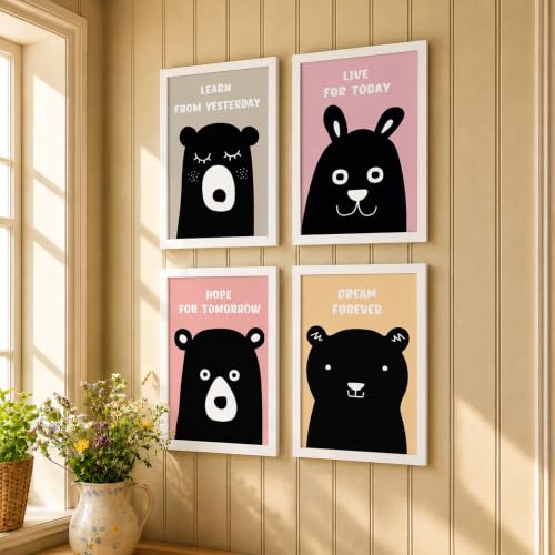 Image of PAINTINGMANTRA Animal Bear Colourful Nursery Wall Art Painting for Kids Room Decoration, Bear Cartoon Painting For Home Decor Wall Hanging Decorative gifts, Set of 4, 9x13 Inch