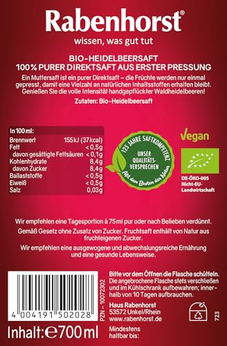 RABENHORST Waldheidelbeere Muttersaft BIO 6er Pack (6 x 700 ml) - 100% purer Waldheidelbeer-Direktsaft aus erster Pressung