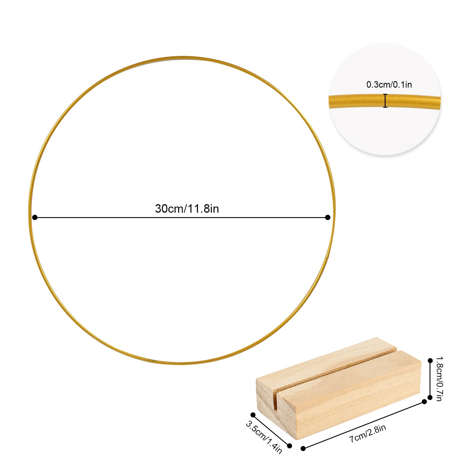 10 aros redondos de flores de metal de 30 cm con 10 soportes hexagonales de madera, anillos decorativos de metal dorado con soporte de madera, para manualidades, bodas, decoración de mesa y