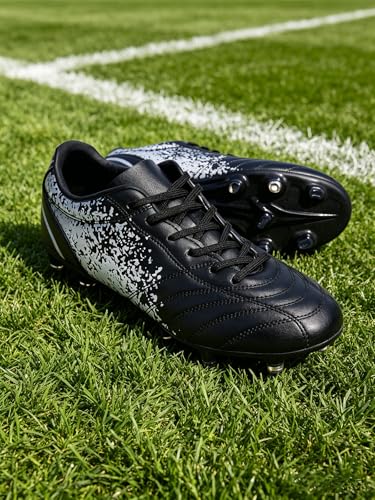 Men's Firm Ground Soccer Cleats - Speckled Design Football Boots with Traction Studs for Outdoor Play Black