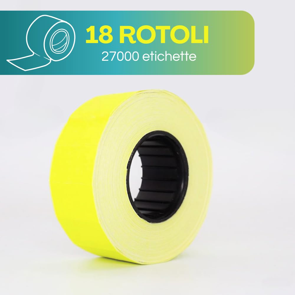 Virsus 18 Rotolini di Etichette per Prezzatrice segnaprezzo fluo, misura 26x12 mm, rotoli da 1500 etichette per un totale di 27000 pezzi