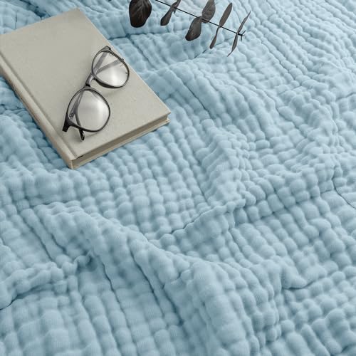 Image of Comfy Cubs Muslin Throw Blanket - 50 inch x 60 inch Quilted Design - Lightweight, Breathable 6-Layer Gauze Fabric - Soft Cotton Blanket for Home or Travel - Packaged in Elegant Gift Box - Sky Blue