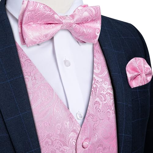 Image of DiBanGu Mens Paisley Suit Waistcoat,Silk Dress Vest and Bowtie Pocket Square Cufflinks with Lapel Pin Set for Wedding Tuxedo