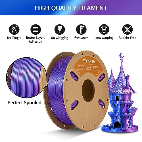 Image of ERYONE Silk Dual Color PLA Filament 3D Printer 1.75mm + /- 0.03mm, Bicolor Filament Two Tone PLA 1KG(2.2lbs) Cardboard Spool, Purple Blue