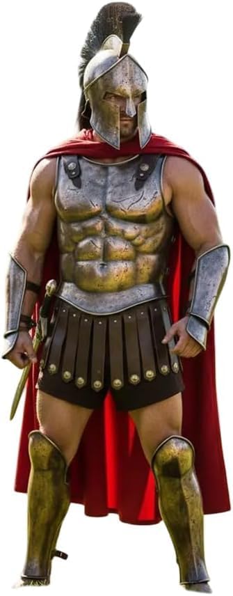 Medieval Warrior Armor Set with Helmet, Muscle Cuirass, Bracers, Greaves, Red Cape, 18 Gauge Steel, LARP Combat Costume