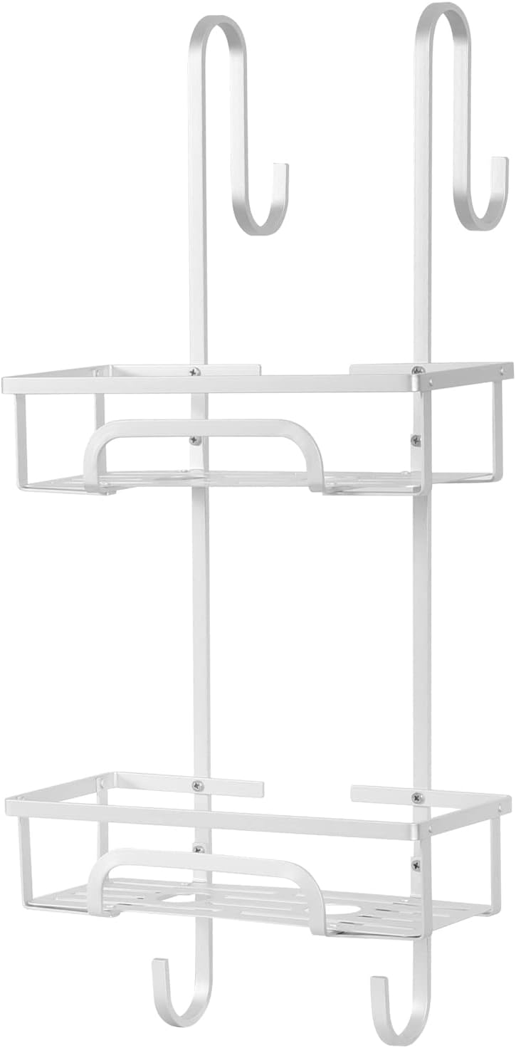 House of Home - 2 Tier Aluminium Over Door Shower Caddy, Rust-proof Hanging Shower Shelf with Two Baskets and 2 Hooks, flannel Hook Bathroom Organiser Storage Accessories Unit, Metal - Silver