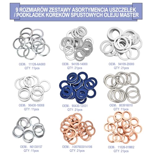 Zestaw uszczelek korka spustowego oleju, 9 rozmiarów, część zamienna silnika samochodowego, zestaw uszczelek do Toyoty, Hondy, Subaru, VW, Audi, Mercedes Benz, 149 szt