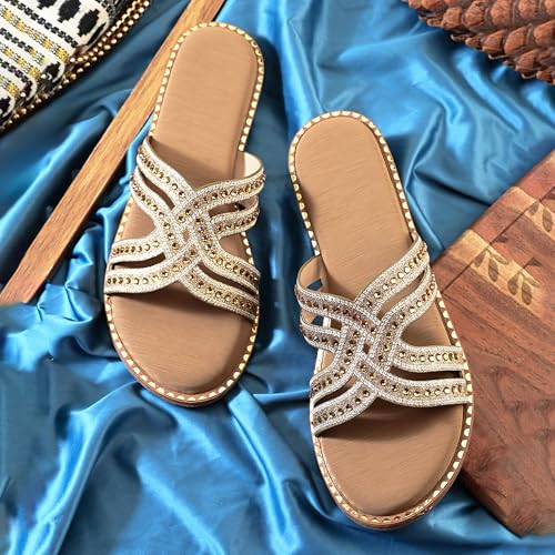 Image of Centrino Women's Beaded Flat Sandals| Open Toe Stylish Slip-On Sandals for Ladies | Metallic Crisscross Straps with Soft Cushioned Footbed for Comfort | Lightweight Casual Fashion Footwear (9305)