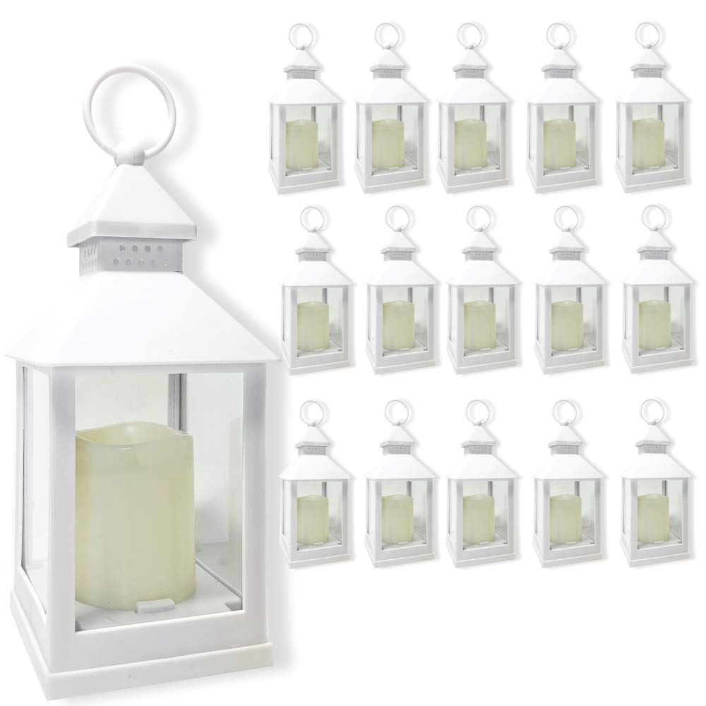 decorative white lanterns - set of 16 - 4 hour timer – 9 3/8" h white led lanterns with flameless pillar candles included - indoor-outdoor lantern set- hanging or sitting decoration