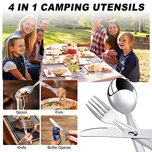 12 Sets Camping Utensil Combo 4 In 1 Hiking Cutlery Set Multifunction Stainless Steel Folding Spoon Knife Fork Bottle Opener Outdoor Set Travel Portable Camping Cooking Gear With Carrying Bag #TOP3