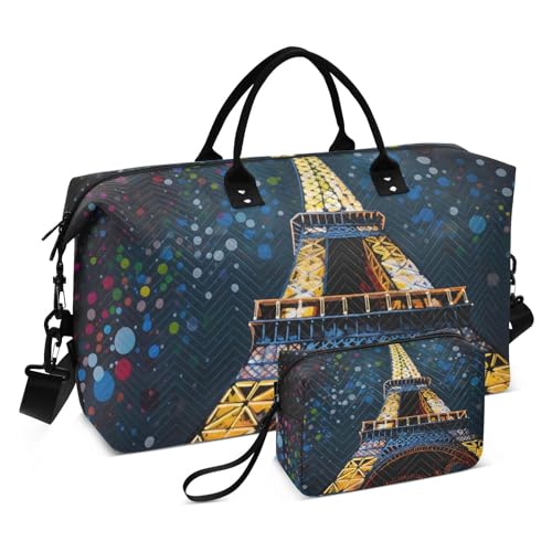 Large Travel Duffel Bag, Dots Colorful Eiffel Tower Sport Tote Gym Bag, Shoulder Weekender Overnight Bag for Women Men, Carry On Luggage with Toiletry Bag