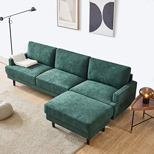Sectional Sofa with Convertible Ottoman,JULYFOX 104 inch L-Shaped 3-seat Corner Couch with Reversible Chaise Lounger Polyester Fabric for Living Room Office Club Green - Thumbnail 3