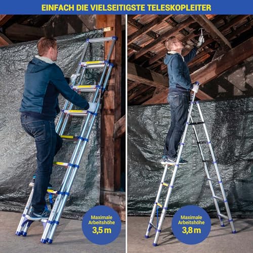 Teleskop-Trittleiter mit 8 Stufen EXTENDACT8, Teleskopleiter 2,3m+2m, Faltbare Teleskop-Trittleiter, Max. Arbeitshöhe 3,8m, 5 Jahre Garantie, Hostrom