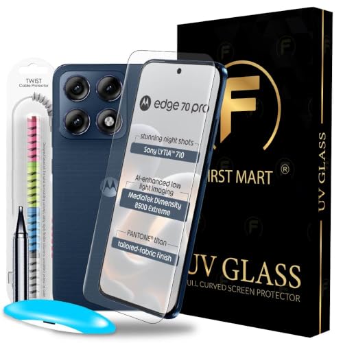 Image of FIRST MART UV Tempered Glass for Motorola Edge 70 Pro With Cable Protector - 9H Full-Glue Curved Screen Guard, HD Clear, Fingerprint Compatible, Bubble-Free | Crystal Clear