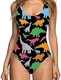 RAISEVERN Women's Black Colorful Dinosaur Monokini One Piece Swimsuits Pink Bathing Suit Swimwear 80s Clothes Beachwear