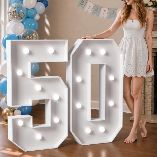 Image of Marquee Numbers 3 Feet Tall Big Light Up Numbers 50th Birthday Decorations Women Men White Anniversary Party Decor Large Cardboard Prop Backdrop Sign 50
