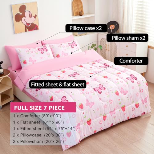 Image of Bedding Set - Pink Butterfly 7pcs Bed in A Bag, Dreamy Butterfly Printed, Soft Microfiber Full Comforter Set with Sheets, Pillowcase & Sham for Girls Kids Teens (7 Piece Full Size)