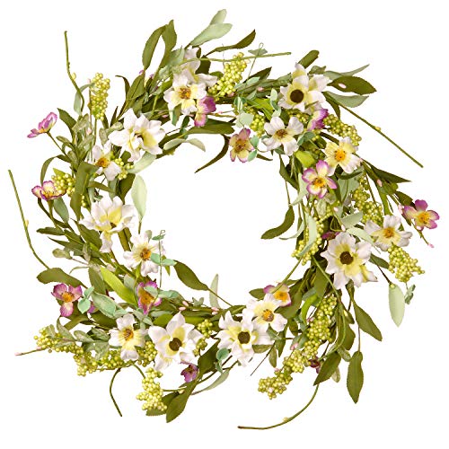 National Tree 20 Inch Floral Branch Wreath with White and Yellow Mixed Flowers (RAS-S8010)