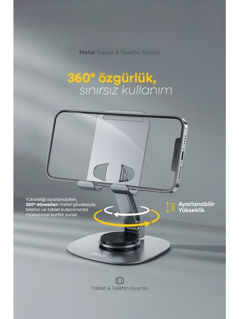 PDAteknoloji Metal 360 Dönebilen Ayarlanabilir Telefon Masa Üstü Standı Standart M-360 Üst Kısım Aşağı Yukarı ve Alt Kısım Sağa Sola 360 Derece Dönerli (Uzay Grisi)