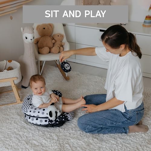 Image of Aila+Aiden 2-in-1 Tummy Time Mat and Seated Support with Two Toys - for Newborns and Babies - Includes Detachable Cushion for Supervised Play & Head /Neck Development (Black /White)