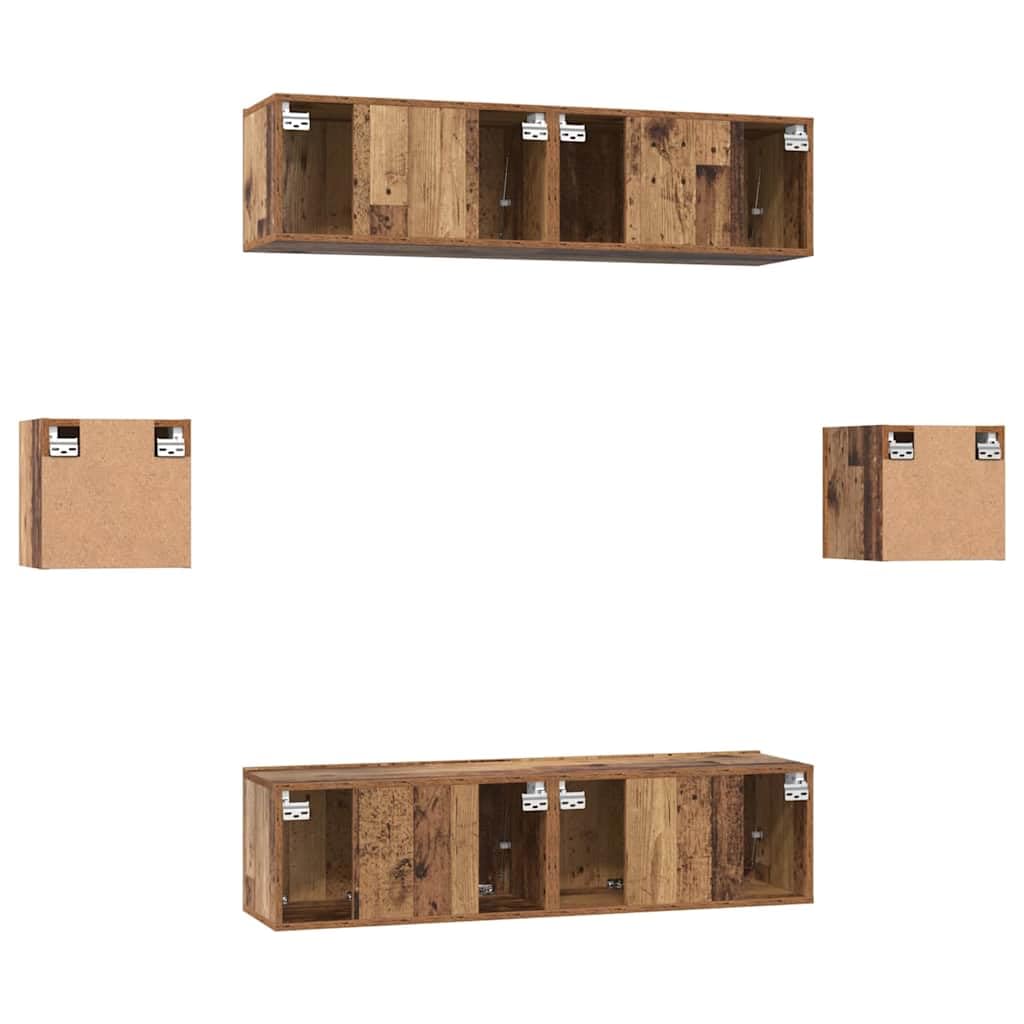 TV-Schrankset Wandmontiert 6-teilig, Altholz Holzwerkstoff, Modernes Media-Center für Wohnzimmer, Robuste TV-Konsole mit Türen und Regalen