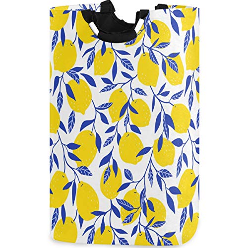visesunny Collapsible Laundry Basket Yellow Lemon with Blue Leaf Large Laundry Hamper with Handle Toys and Clothing Organization for Bathroom, Bedroom, Home, Dorm, Travel