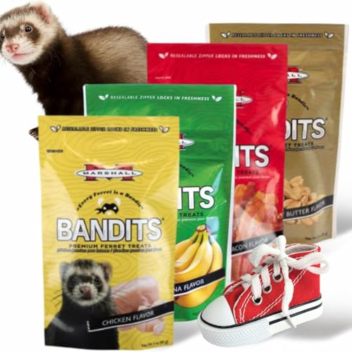 Marshall Pet Products Bandits Ferret Treats Variety Pack Includes Banana Chicken Bacon Peanut Butter Flavors (3oz Each) Plus Ferret Sneaker Toy for Enrichment & Fun