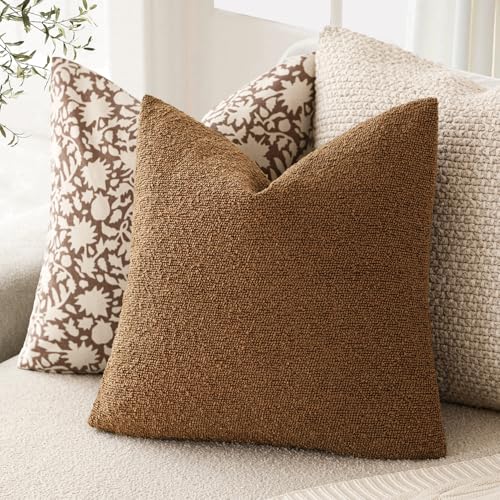 Image of Foindtower Set of 2, Decorative Textured Boucle Throw Pillow Covers Accent Solid Pillow Cases Neutral Soft Cozy Couch Cushion Case for Chair Sofa Bedroom Living Room Home Decor 24x24 Inch Hazel Brown