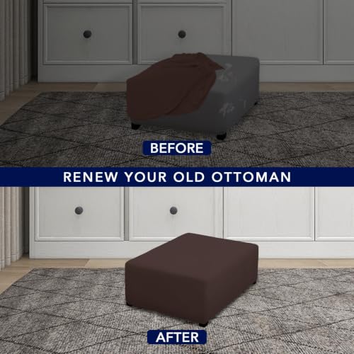 Image of PureFit Super Stretch Form Fit Ottoman Cover Rectangle - Ottoman Slipcovers for Foot Stool Cover & Folding Storage Slipcover for Living Room with Nonslip Elastic Bottom (Medium-L, Chocolate)