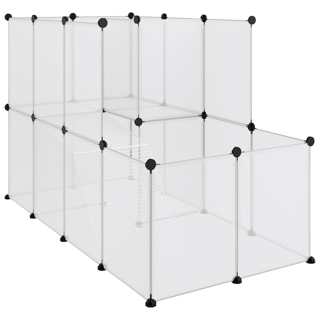 Kleintierkäfig mit Leiter, Kleintiergehege, Katzenlaufstall, 2-Stöckige Haustierkäfig für Katzen, Hasen, Chinchillas, Transparent 142x74x93 cm PP und Stahl