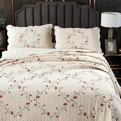 Vctops 3-Piece Elegant Floral Embroidered Bedspread Coverlet Set Oversize Queen 100% Cotton Reversible Patchwork 1 Quilt And 2 Pillow Shams (Flower,Oversize Queen) #TOP2