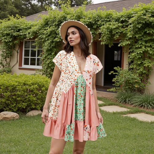 Image of SOOKABEILA Women's Boho Mini Dress Y2k Floral Print Deep V-Neck Puff Sleeve Short Dress 2025 Summer Loose Beach Sundress