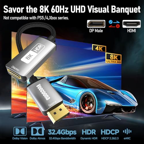 Image of DisplayPort 1.4 to HDMI 2.1 Adapter [8K@60Hz, 4K@120Hz] Unidirectional DP Source to HDMI Display Converter Display Port Adapter for PC RTX /AMD Card - Not Work with PS5