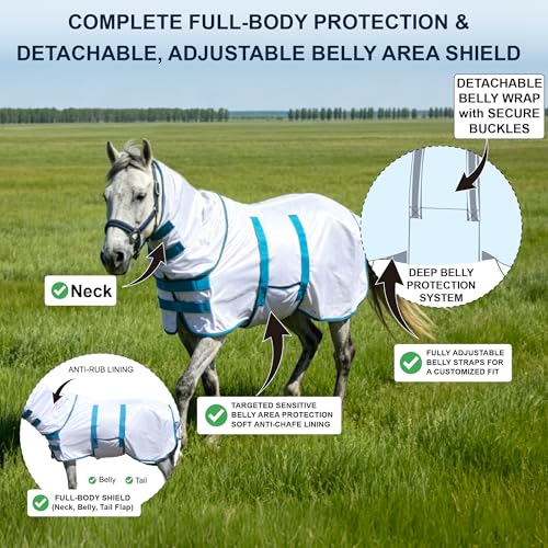 Image of Fly Sheet for Mini Horse /Pony /Foal & Weanling /Yearling /Donkey - Detachable Neck Cover & Belly Wrap, Lightweight Airflow Mesh Summer Sheet for Pasture & Stable, UV Protection White 58 inch
