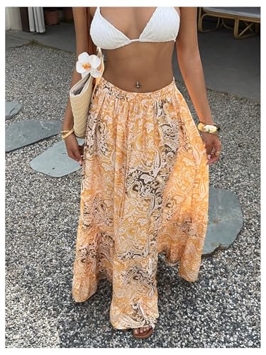 Milumia Women's Boho Paisley Tiered Layered Maxi Skirt Low Waist Flared Ruffle Hem Flowy Long Skirts4